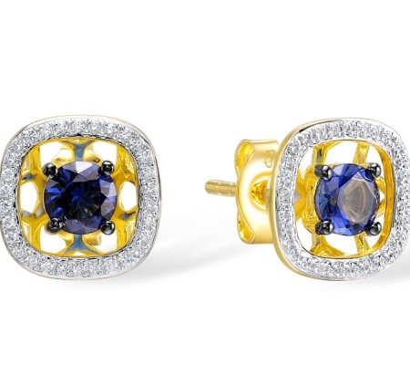 Sterling Silver w/ Yellow Plating Earrings Blue Glass,White Cubic Zirconia (E308977BLGZSY925)