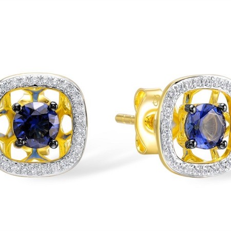 Sterling Silver w/ Yellow Plating Earrings Blue Glass,White Cubic Zirconia (E308977BLGZSY925)