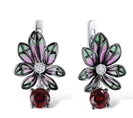 Sterling Silver w/ Black White Plating Earrings Created Ruby,Enamel,White Cubic Zirconia (E309060ENA1SK925)