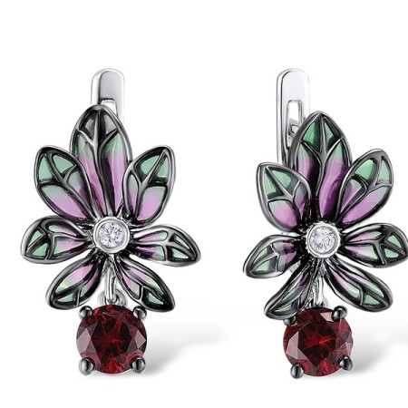Sterling Silver w/ Black White Plating Earrings Created Ruby,Enamel,White Cubic Zirconia (E309060ENA1SK925)