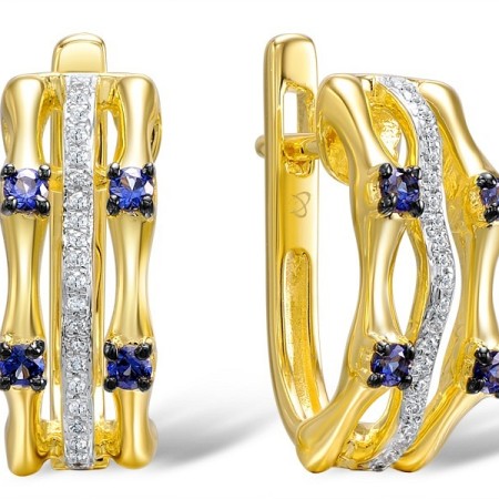 Sterling Silver w/ Yellow Plating Earrings Created Sapphire,White Cubic Zirconia (E309064CRSZSY925)