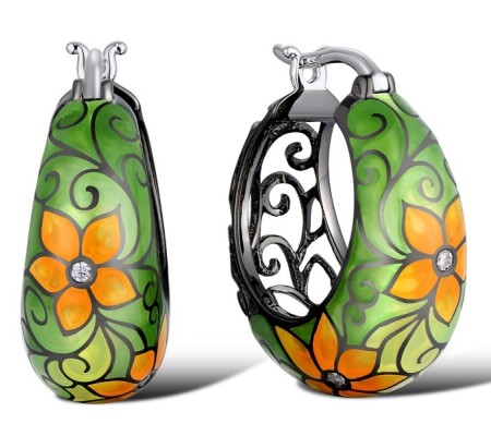 Sterling Silver w/ Black White Plating Earrings Enamel,White Cubic Zirconia (E309134ENASK925)