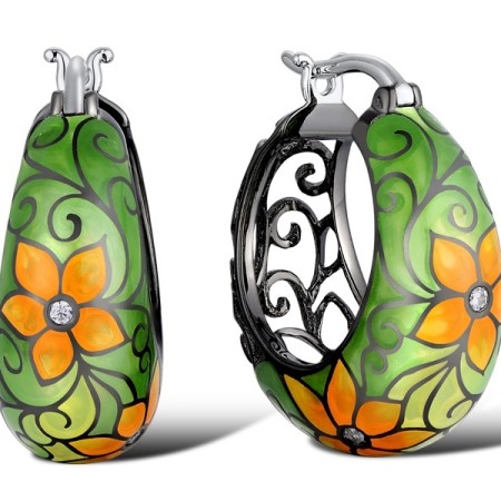 Sterling Silver w/ Black White Plating Earrings Enamel,White Cubic Zirconia (E309134ENASK925)