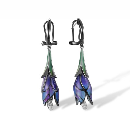 Sterling Silver w/ Black White Plating Earrings Enamel,White Cubic Zirconia (E309164AENASK925)