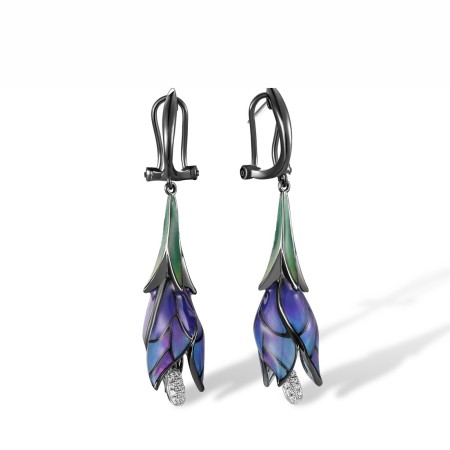 Sterling Silver w/ Black White Plating Earrings Enamel,White Cubic Zirconia (E309164AENASK925)