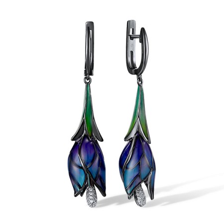 Sterling Silver w/ Black Plating Earrings Enamel,White Cubic Zirconia (E309164ENASK1925)