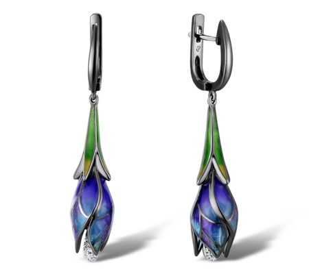 Sterling Silver w/ Black White Plating Earrings White Cubic Zirconia,Enamel (E309164ENASK925)