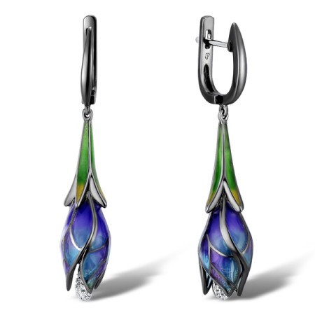 Sterling Silver w/ Black White Plating Earrings White Cubic Zirconia,Enamel (E309164ENASK925)