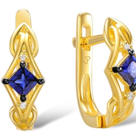 Sterling Silver w/ Yellow Plating Earrings Created Sapphire,White Cubic Zirconia (E309201CRSZSY925)