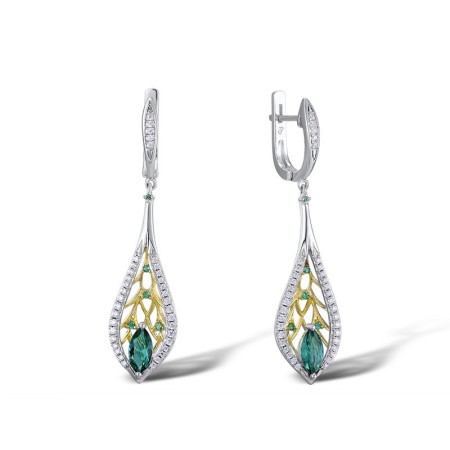Sterling Silver w/ IONIC YELLOW PLATING Earrings Green Glass,Green Spinel,White Cubic Zirconia (E309297GGNZSP925)