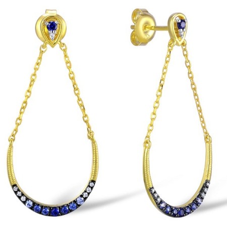 Sterling Silver w/ Yellow Plating Earrings Created Sapphire,White Cubic Zirconia (E309549CRSZSY925)