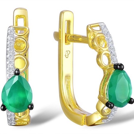 Sterling Silver w/ Yellow Plating Earrings Green Chalcedony,White Cubic Zirconia (E309564GCWZSY925)