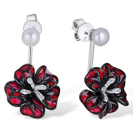Sterling Silver w/ Black White Plating Earrings Enamel,Fresh Water White Pearl,White Cubic Zirconia (E309650ENA1SK925)