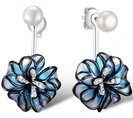 Sterling Silver w/ Black White Plating Earrings Enamel,Fresh Water White Pearl,White Cubic Zirconia (E309650ENASK925)