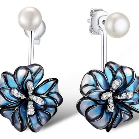 Sterling Silver w/ Black White Plating Earrings Enamel,Fresh Water White Pearl,White Cubic Zirconia (E309650ENASK925)