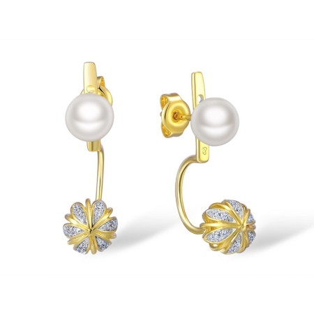 Sterling Silver w/ IONIC YELLOW PLATING Earrings Fresh Water White Pearl,White Cubic Zirconia (E309822FWZSP925)