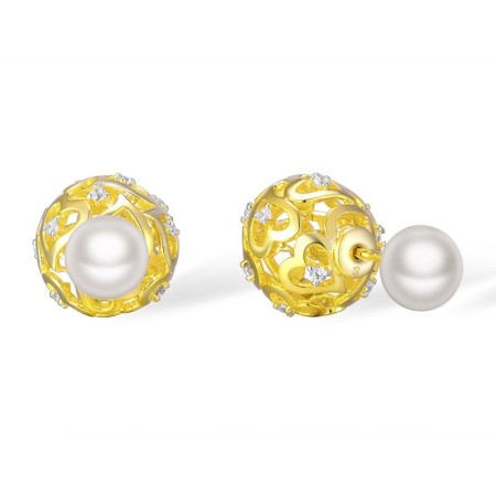 Sterling Silver w/ IONIC YELLOW PLATING Earrings Fresh Water White Pearl,White Cubic Zirconia (E309836FWZSP925)
