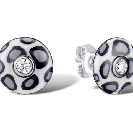Sterling Silver w/ Black White Plating Earrings Enamel,White Cubic Zirconia (E310114ENA7SK925)