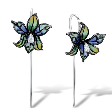 Sterling Silver w/ Black White Plating Earrings Enamel,White Cubic Zirconia (E310446ENASK925)