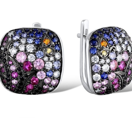 Sterling Silver w/ Black White Plating Earrings Black spinel,Created Pink Sapphire,Created Ruby,Created Sapphire,White Cubic Zirconia,Yellow Cubic Zirconia (E310652MULSK925)