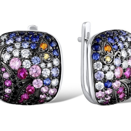 Sterling Silver w/ Black White Plating Earrings Black spinel,Created Pink Sapphire,Created Ruby,Created Sapphire,White Cubic Zirconia,Yellow Cubic Zirconia (E310652MULSK925)