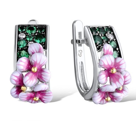 Sterling Silver w/ Yellow Black White Plating Earrings Enamel,Green Spinel,White Cubic Zirconia (E310653ENASZ925)