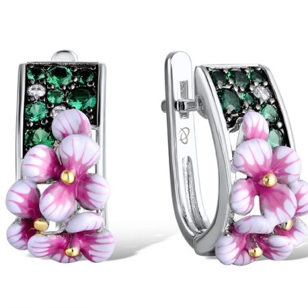 Sterling Silver w/ Yellow Black White Plating Earrings Enamel,Green Spinel,White Cubic Zirconia (E310653ENASZ925)