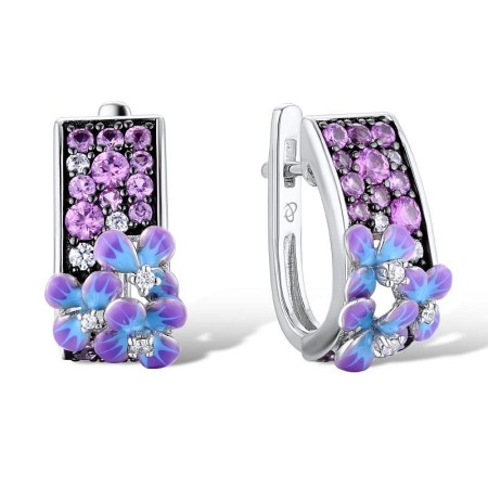 Sterling Silver w/ Black White Plating Earrings Created Pink Sapphire,Enamel,White Cubic Zirconia (E310655ENASK925)