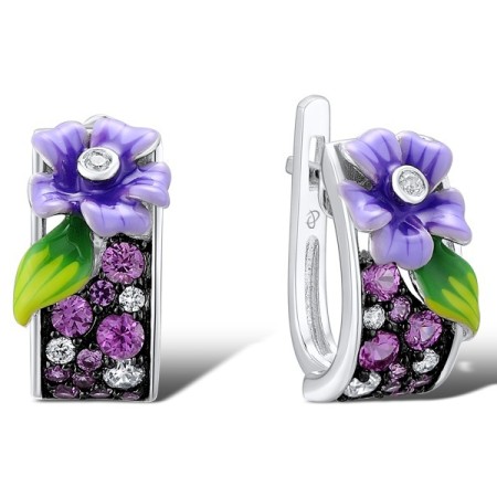 Sterling Silver w/ Black White Plating Earrings Created Pink Sapphire,Enamel,White Cubic Zirconia (E310656ENA1SK925)