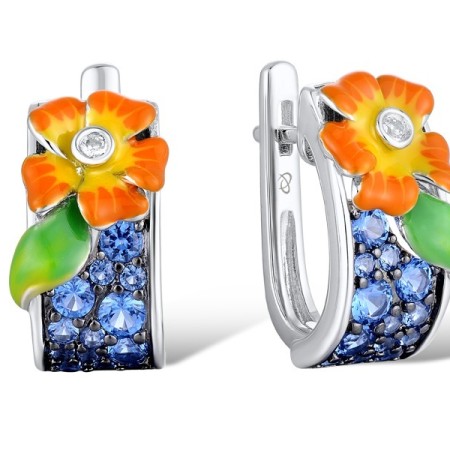 Sterling Silver w/ Black White Plating Earrings Blue Spinel,Enamel,White Cubic Zirconia (E310656ENASK925)
