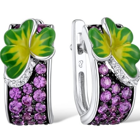 Sterling Silver w/ Black White Plating Earrings Created Pink Sapphire,Enamel,White Cubic Zirconia (E310657ENASK925)