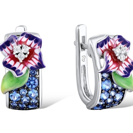 Sterling Silver w/ Black White Plating Earrings Blue Spinel,Enamel,White Cubic Zirconia (E310660ENASK925)