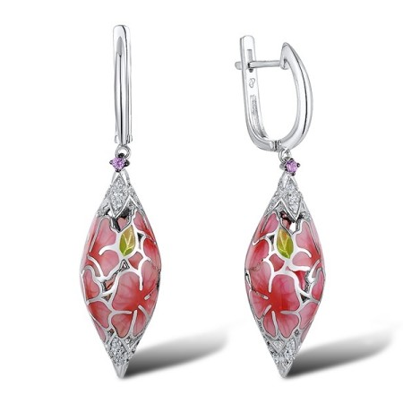 Sterling Silver w/ Black White Plating Earrings Created Pink Sapphire,Enamel,White Cubic Zirconia (E310744ENASK925)