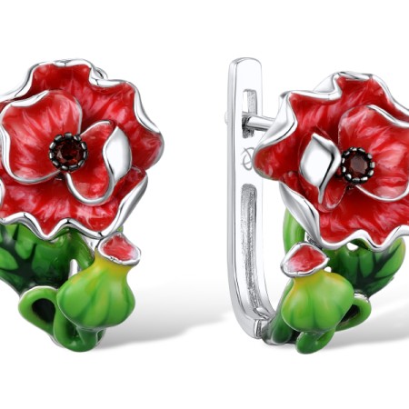 Sterling Silver w/ Black White Plating Earrings Enamel,Garnet Nano Cubic Zirconia (E310785ENASK925)