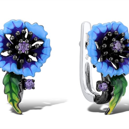 Sterling Silver w/ Black White Plating Earrings Enamel,Amethyst Cubic Zirconia (E310787ENASK925)