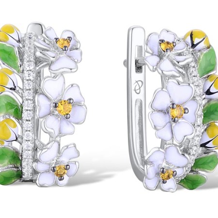 Sterling Silver w/ Black White Plating Earrings Enamel,White Cubic Zirconia,Yellow Nano Cubic Zirconia (Ci (E310790ENASK925)