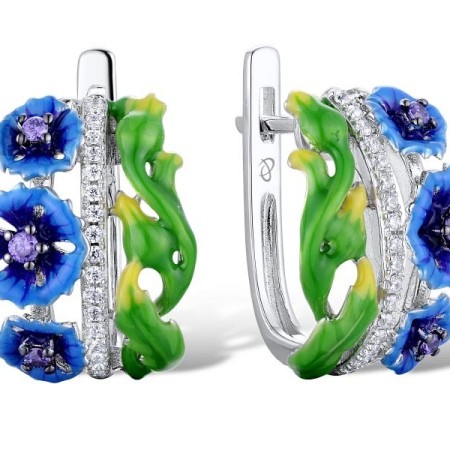 Sterling Silver w/ Black White Plating Earrings Dark Purple CZ,Enamel,White Cubic Zirconia (E310791ENASK925)