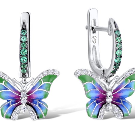 Sterling Silver w/ Black White Plating Earrings White Cubic Zirconia,Enamel,Green Spinel (E310829ENASK925)