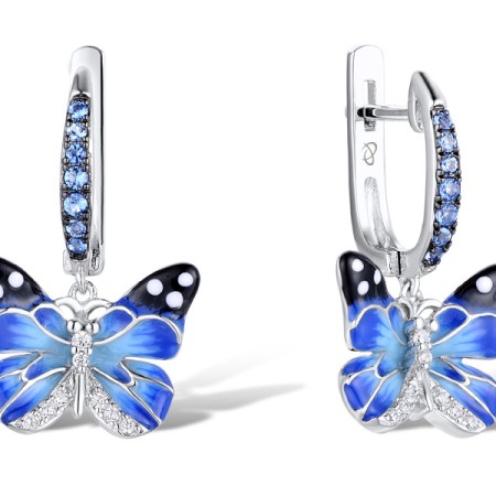 Sterling Silver w/ Black White Plating Earrings Enamel,White Cubic Zirconia,Blue Spinel (E310830ENASK925)