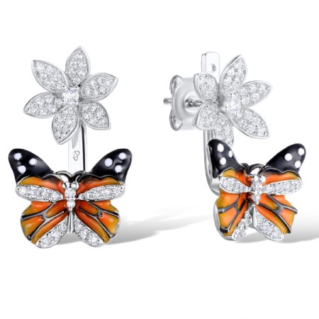 Sterling Silver w/ Black White Plating Earrings Enamel,White Cubic Zirconia (E310831ENASK925)