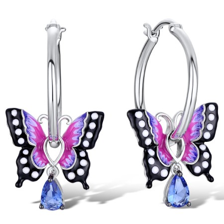 Sterling Silver w/ Black White Plating Earrings Enamel,Blue Glass (E310833ENASK925)