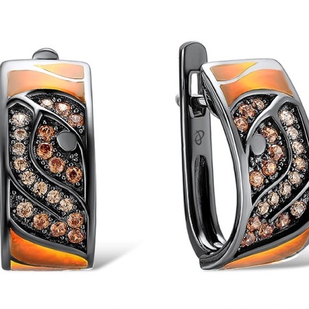 Sterling Silver w/ Black White Plating Earrings Champagne Cubic Zirconia,Enamel (E310897ENASK925)