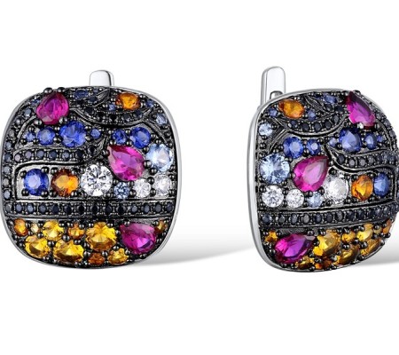 Sterling Silver w/ Black White Plating Earrings Black spinel,Blue Spinel,Created Ruby,Created Sapphire,White Cubic Zirconia,Yellow Nano Cubic Zirconia (Ci (E311069MULSK925)