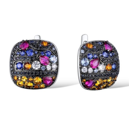 Sterling Silver w/ Black White Plating Earrings Black spinel,Blue Spinel,Created Ruby,Created Sapphire,White Cubic Zirconia,Yellow Nano Cubic Zirconia (Ci (E311069MULSK925)