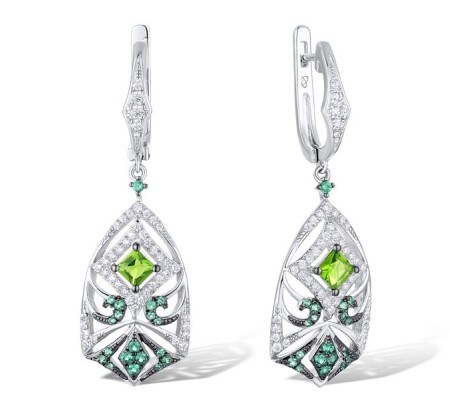 Sterling Silver w/ Black White Plating Earrings Green Glass,Green Spinel,White Cubic Zirconia (E311072GGNZSK925)