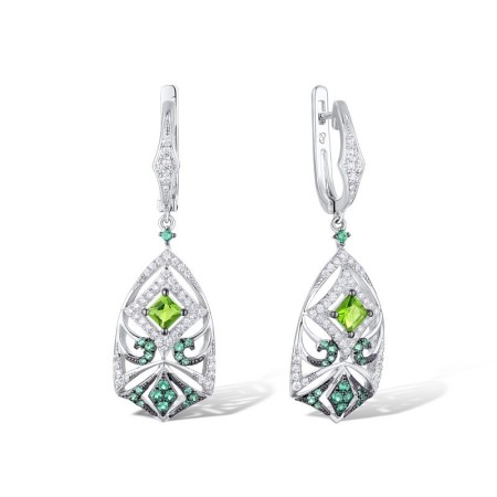 Sterling Silver w/ Black White Plating Earrings Green Glass,Green Spinel,White Cubic Zirconia (E311072GGNZSK925)