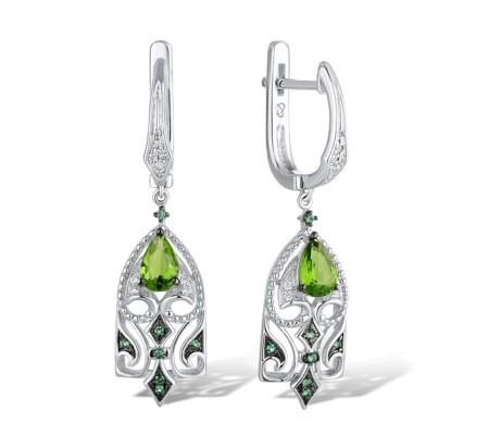 Sterling Silver w/ Black White Plating Earrings Green Glass,Green Spinel,White Cubic Zirconia (E311073GGNZSK925)