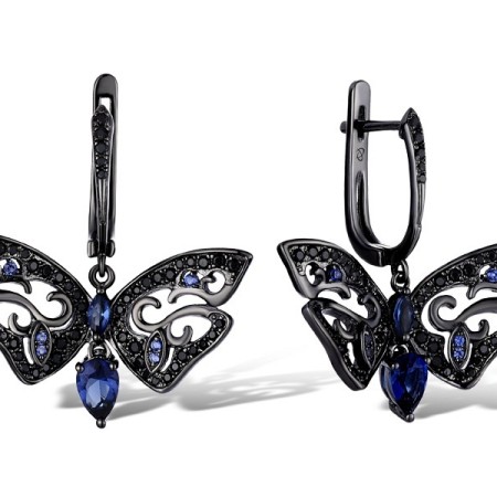 Sterling Silver w/ Black Plating Earrings Black spinel,Blue Glass,Blue Nano Cubic Zirconia (E311074BGBNSB925)