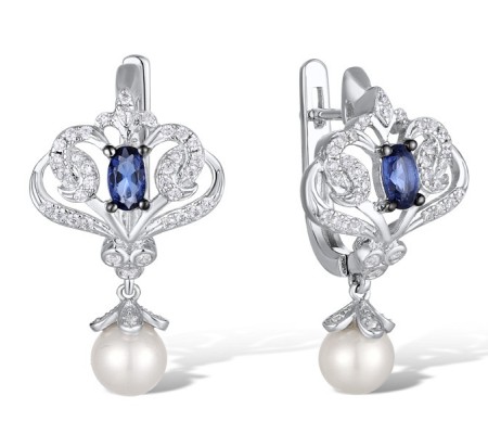 Sterling Silver w/ Black White Plating Earrings Blue Glass,Fresh Water White Pearl,White Cubic Zirconia (E311076BGFZSK925)