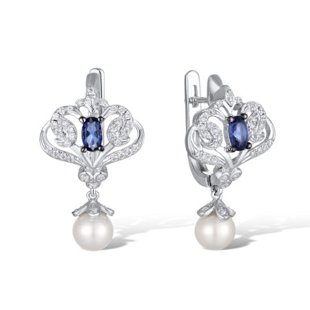Sterling Silver w/ Black White Plating Earrings Blue Glass,Fresh Water White Pearl,White Cubic Zirconia (E311076BGFZSK925)